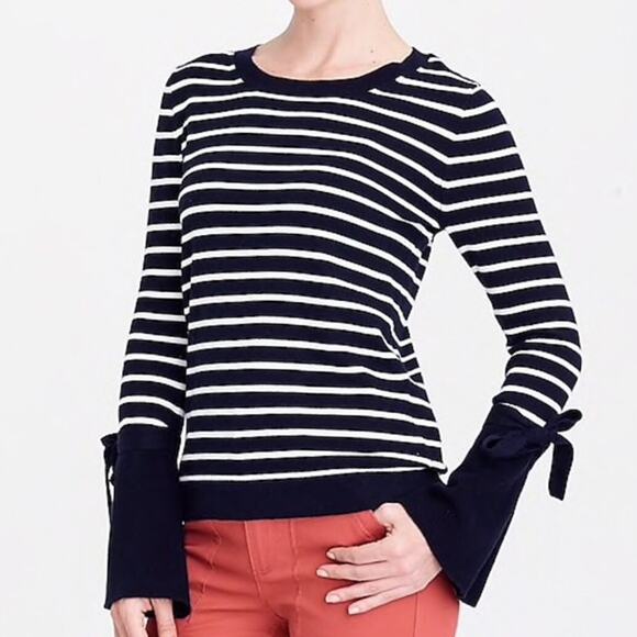 J. Crew Tie Bell Sleeve Sweater Striped Knit Pullover Crewneck - Picture 1 of 8